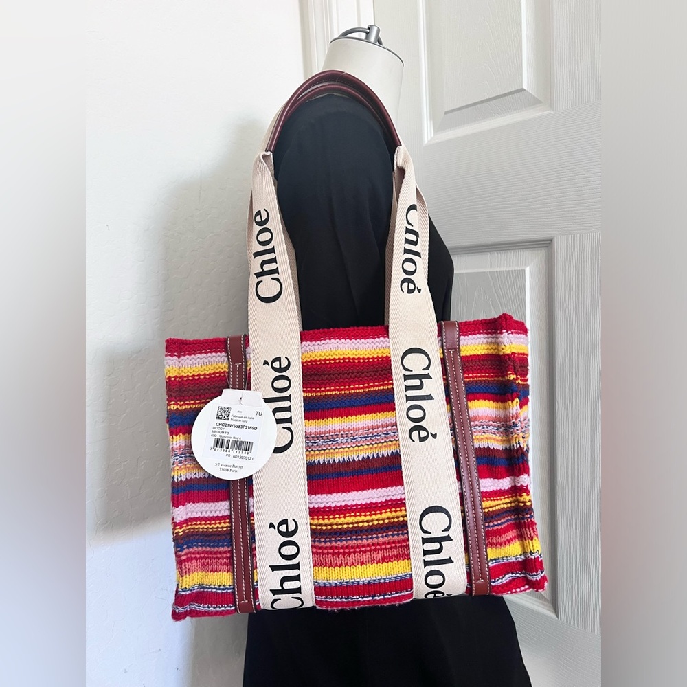 Rare Chloe Medium Woody Stripe Recycled Cashmere Blend Tote Brand New With Tag